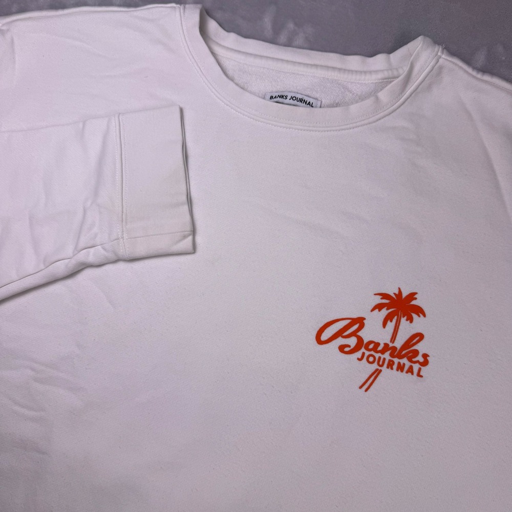 Banks Journal Mens White Organic Cotton Palm Tree Graphic Crewneck‎ Sweatshirt L